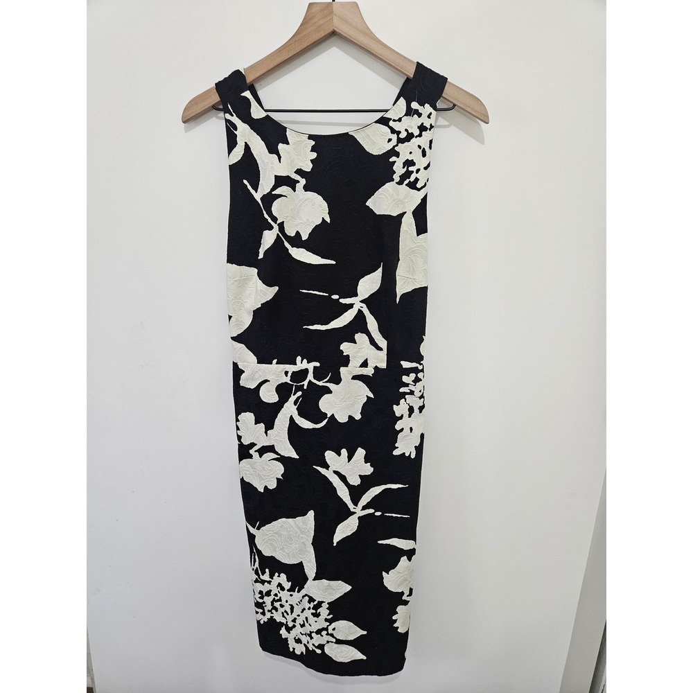 Talbots Black‎ White Floral Jacquard Sheath Dress Criss Cross Back Cotton 12